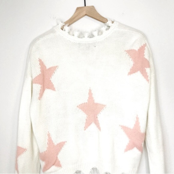Oversized Soft Knit Chewed Hem Pink Stars V Neck Sweater - Picture 4 of 9